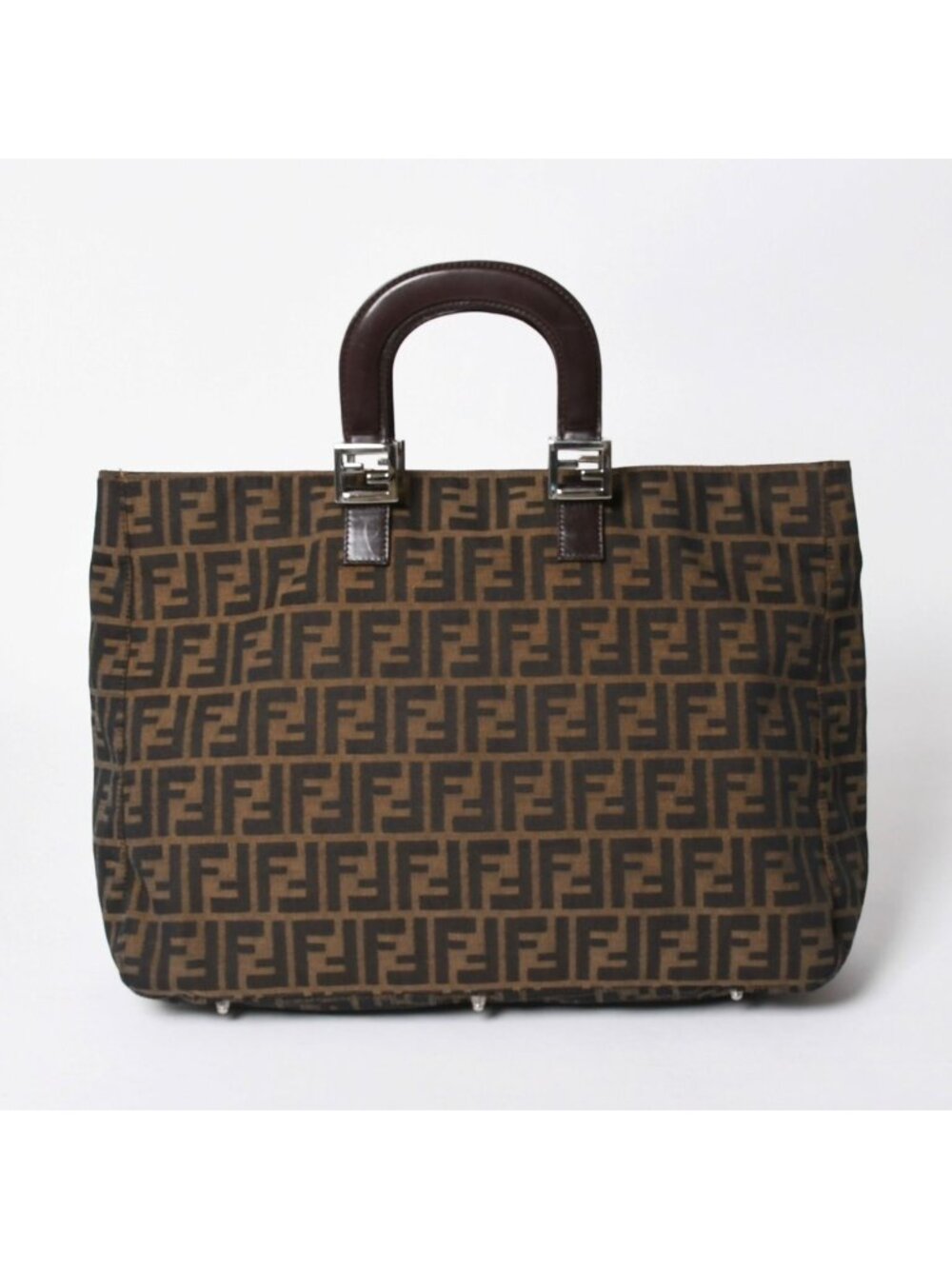 Fendi Tote Bag Zucca Pattern Canvas Leather Brown Silver